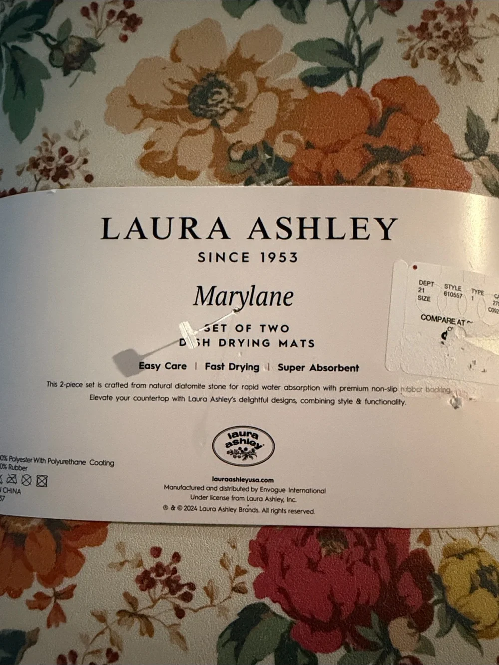 New Laura Ashley Cream Floral Dish Drying Mats - Set of Two